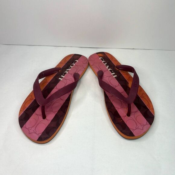 Coach Zack Multicolor Monogram Flip Flop Sandals Womens Comfy Pink Orange Stripe - Picture 3 of 10